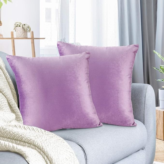 Nestl Throw Pillow Covers, Cozy Velvet Decorative Outdoor Pillow Covers 16 x 16 Inches, Soft Solid Cushion Covers for Sofa, Bed and Car, Set of 2 - Lavender