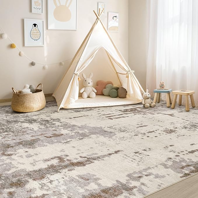 UERMEI 10x14 Washable Area Rug - Neutral Modern Abstract Living Room Rugs, Non-Slip Soft Large Indoor Floor Carpet for Bedroom Home Office & Under Dining Table Decor, Brown/Grey/Beige