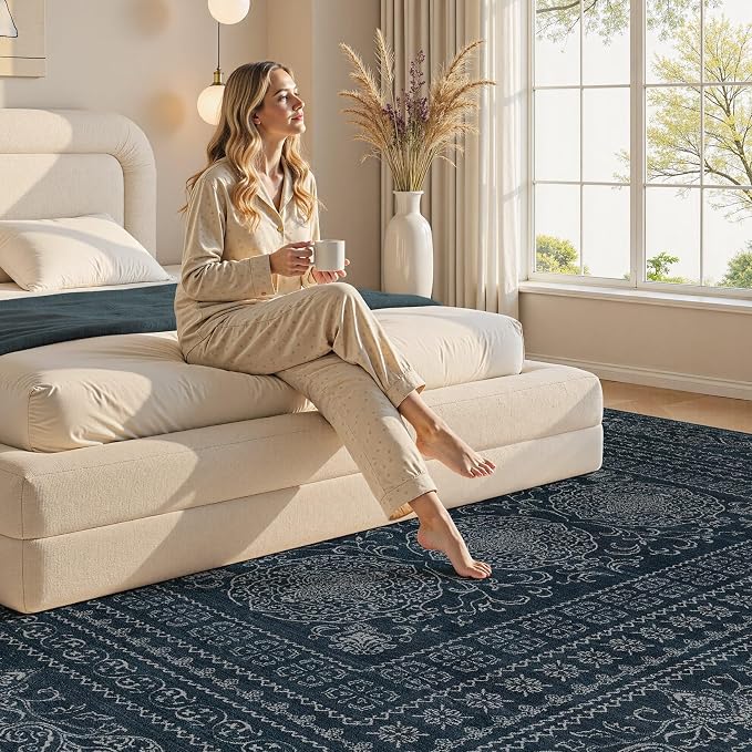 Nakagishi 8x10 Area Rugs Living Room: Washable Large Vintage Rug Neutral Non-Slip Soft Stain Resistant Indoor Carpet for Bedroom Nursery Dining Room Office Playroom - Navy