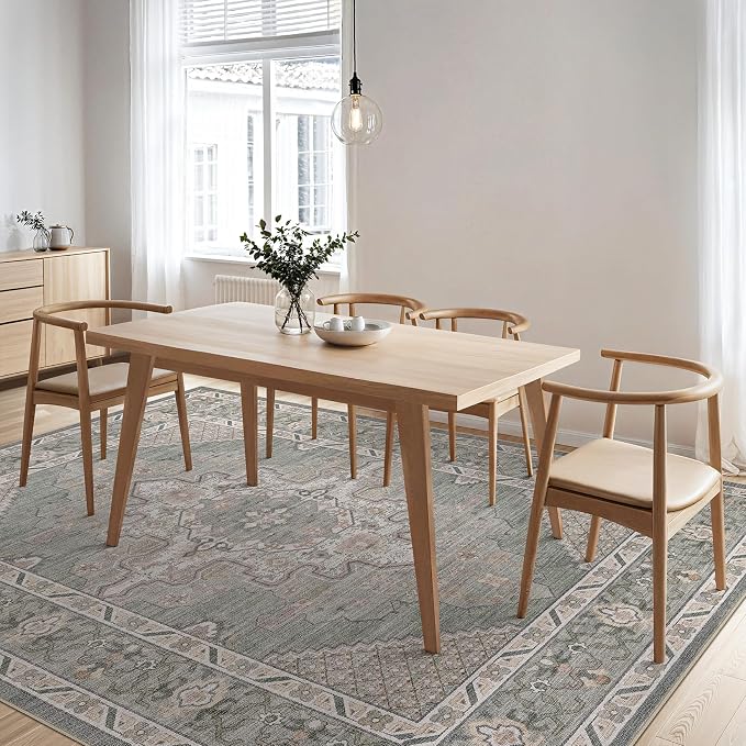 Tortania Area Rug Living Room Rugs - 10x14 Washable Boho Rug Vintage Oriental Distressed Farmhouse Large Thin Indoor Carpet for Living Room Bedroom Under Dining Table Home Office - Green Gray