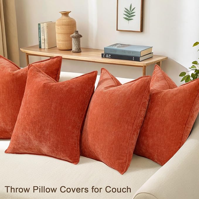 decorUhome Set of 4 Chenille Rust Throw Pillow Covers 20x20 | Couch Decorative Soft Neutral Pillow Covers with Elegant Design for Living Room Bed Sofa