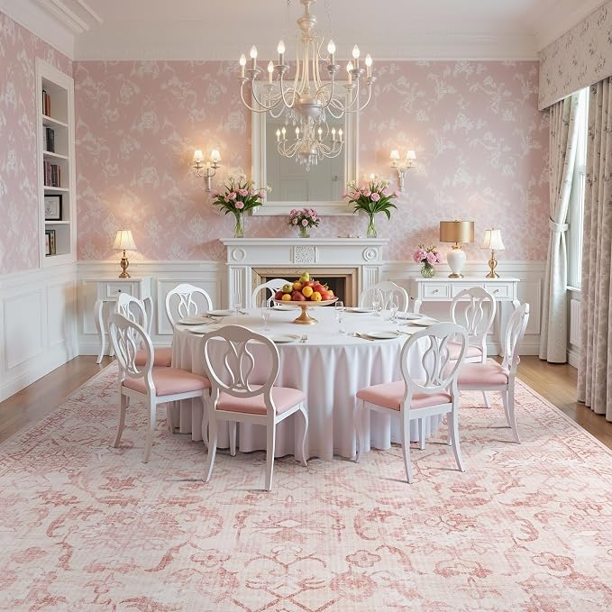 Deerly Pink Area Rugs 10x12 for Living Room Soft Non-Slip, Large Bedroom Rug Vintage Dining Room Rug Tribal Farmhouse Carpet for Dining Room Office