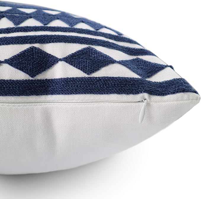Embroidery Throw Pillow Cover 18x18 Home Décor Navy Blue Geometric Cushion Cover Diamond Triangle Pillow Case Floor Pillow Cover for Couch Sofa Chair 100% Cotton 45x45cm, 1 Piece