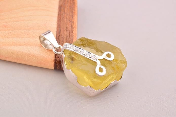 Natural Raw Lemon Quartz Stone Rough Crystal Gemstone Dainty Women Pendant Necklace, Chakra Healing Crystals, Birthstone, Gift, Rhodium Plated 925 Sterling Silver Chain 18 inch