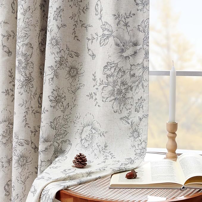 jinchan Grey Floral Linen Blackout Curtains Lined 90 Inch Back Tab 2 Panels | Blackout lining, room darkening drapes, farmhouse, vintage, cottagecore, rustic, bedroom, living room, window treatment