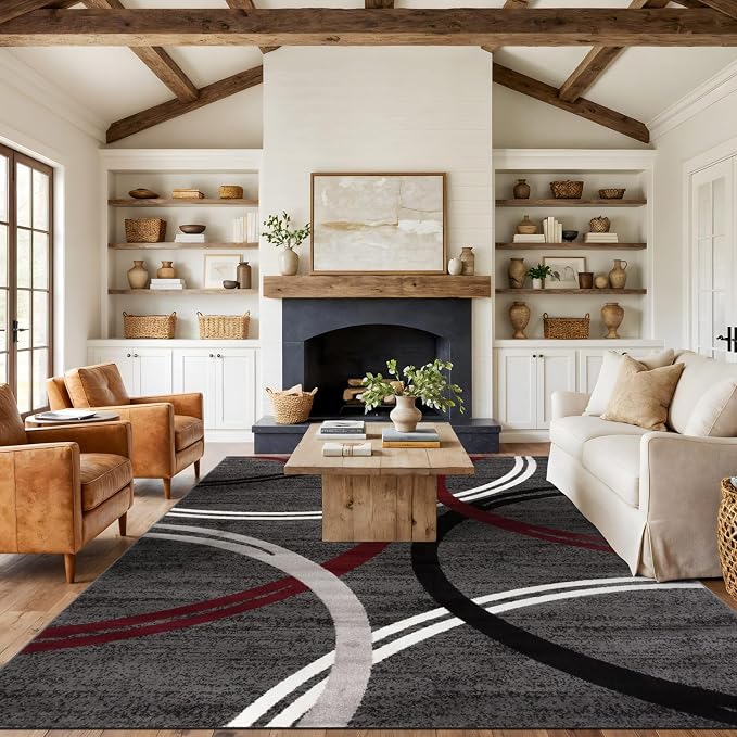 Rugshop Wavy Circles Modern Non-Shedding Area Rug Red 8'8" x 12'