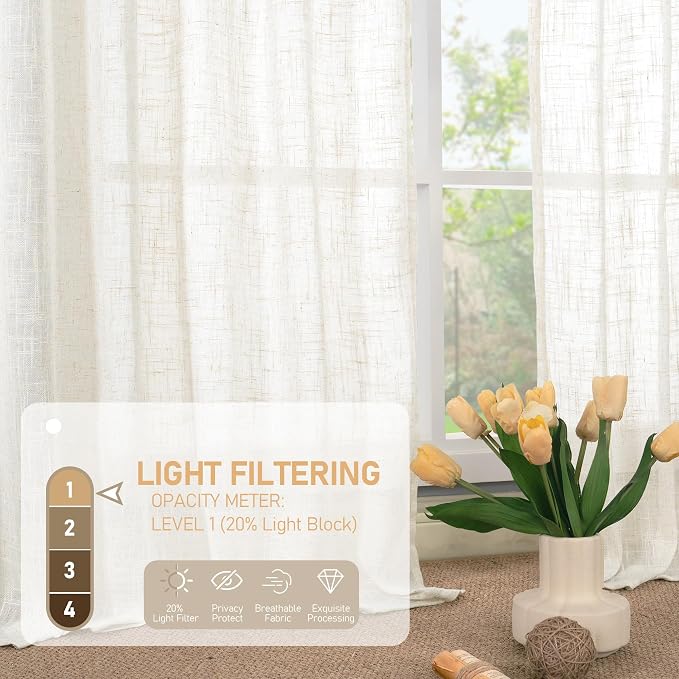 LAMIT Cream Linen Kitchen Curtains 30 Inch Length, Semi Sheer Light Filtering Window Panels Back Tab and Rod Pocket Drapes for Basement/Small Windows, 34 x 30 Inch, 2 Panels