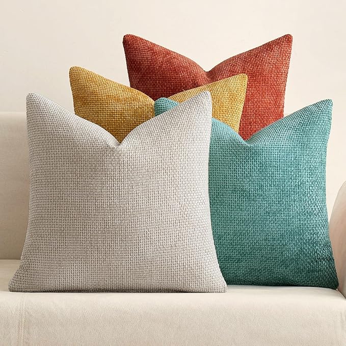 MIULEE Pack of 4 Couch Throw Pillow Covers 20x20 Inch Neutral Orange/Teal Soft Decorative Chenille Pillow Covers Farmhouse Accent Cushion Covers for Boho Fall Home Decor Sofa Bedroom Living Room