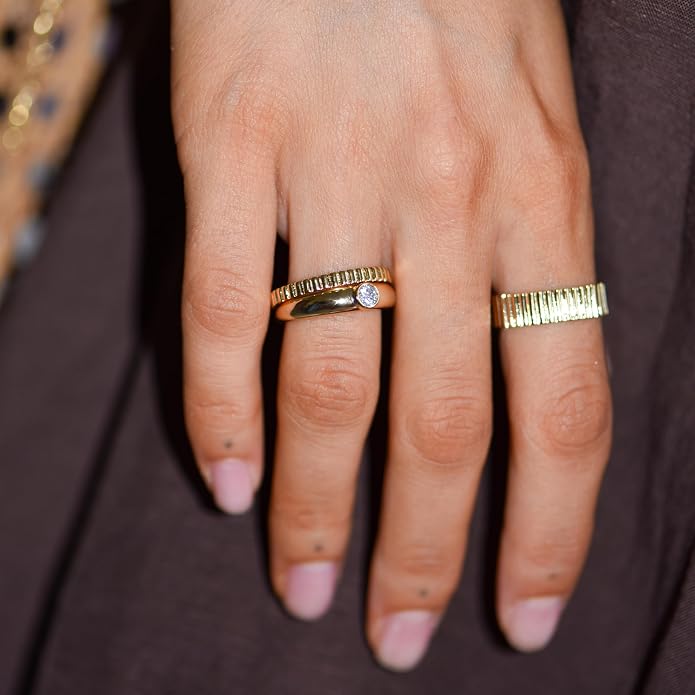 LEMON GRASS Bezel Set Round CZ Thin Dome Ring | Minimalist Stacking Band Signet Ring in Gold