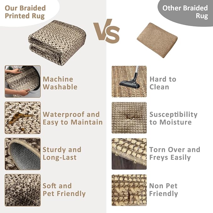 RUGSREAL Entryway Rug 2x3 Small Bedside Throw Mat with Rubber Backing Machine Washable Living Room Rug Non Slip Bathroom Mat Stain Resistant Braided Print Carpet for Dining Room Kitchen Hallway, Camel