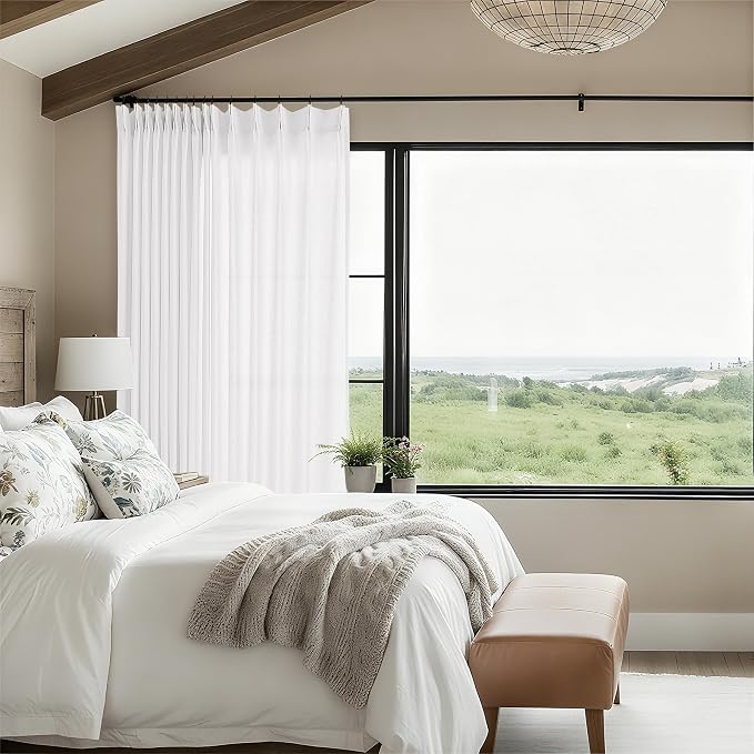 Extra Wide Extra Long Pleated Curtains 102 Inches Long 100 Inch Wide | White, Semi Sheer, Linen Curtains, for Living Room Patio Sliding Door Bedroom Window, Pleat Drape, Modern Farmhouse, 1 Panel