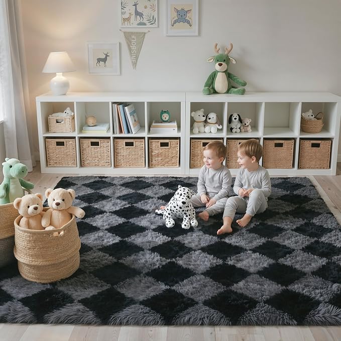 GENIMO Checkered Rug 6x9 Area Rugs for Kids Bedroom Soft Shag Rug Fluffy Fuzzy Carpet Plush Rugs for Living Room Nursery Playroom Dorm Modern Home Decor Aesthetic, Black and Grey