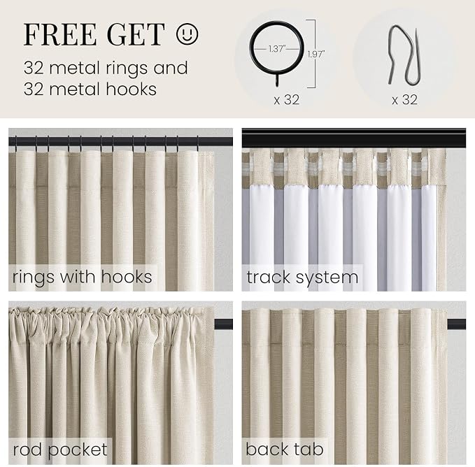 Topfinel 100% Blackout Natural Linen Rod Pocket & Back Tab Drapes for Bedroom, 92 Inch Long Cream Beige Panels for Sliding Glass Doors, Farmhouse Aesthetic Window Drapery, Cream Beige 52" W*92" L