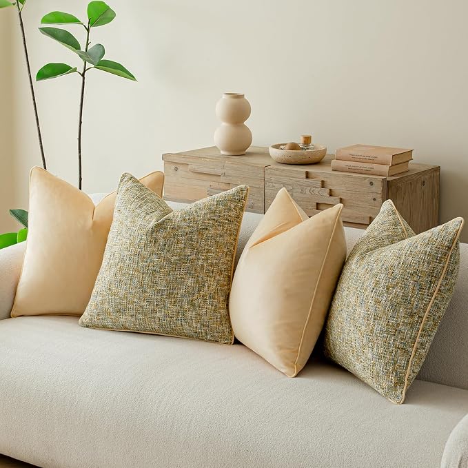 a moment Yellow 4 Pack Throw Pillow Covers - Chenille & Velvet Set with Piping, Farmhouse Textured Design Pillow Cases for Couch Sofa Bed Livingroom (18x18 Inch, No Insert)