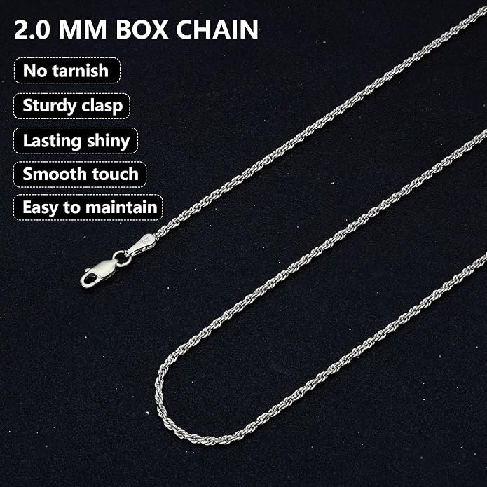 nometo Solid 925 Sterling Silver Box Chain Rope Chain Lobster Clasp Silver Chain for Men Silver Necklace Chain for Women 16/14/20/22/24/26/30 Inches