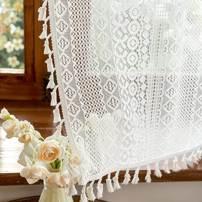 Sutuo Home White Boho Lace Curtains 45 Inches 2 Panels for Kitchen Cafe, Semi Sheer Ivory Curtains Small Window Drape Crochet Vintage Farmhouse Tassels Bohemian Privacy Cottagecore Rod Pocket, 50" W