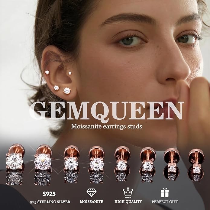 GEMQUEEN 3/4 Pairs Moissanite Earrings Studs 14K Gold Plated S925 Sterling Silver Flat Back Earring for Women Men - Hypoallergenic Set Cartilage Helix Piercing Jewelry Trendy D Color VVS1