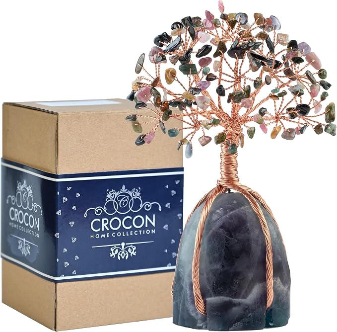 Crocon® Multi Tourmaline Crystals Tree with Fluorite Rough Base, Birthday Gifts for Women & Men, Room Decor, Healing Crystals Spiritual Gift, House Warming Gifts New Home, Birthday Gift - Mom Sister