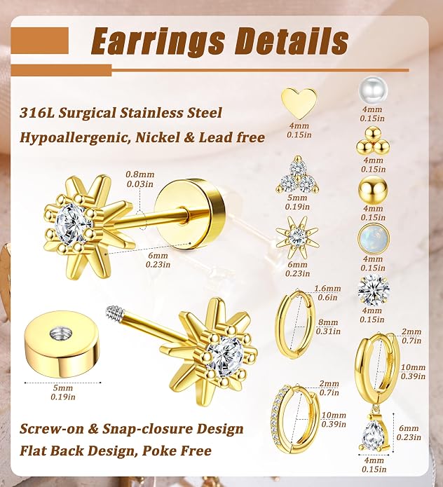 MJust 18 Pairs Women‘s Hypoallergenic Flat Back Stud Earrings, 20g Stainless Steel Earrings Sets for Men, Tiny Unisex Screw Back Cartilage Earrings.