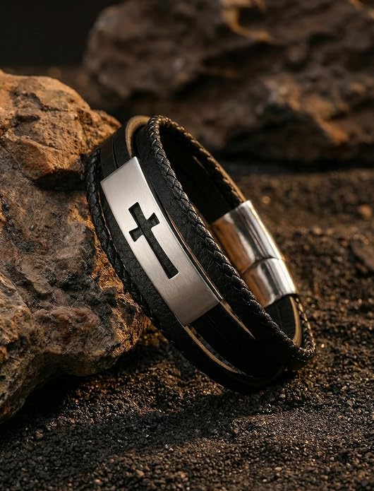 Mens Leather Cross Bracelet Multilayer Braided Wristband Bangle Bracelets with Stainless Steel Buckle Religious Gift for Men Brown/Black/Blue–8.3 inch