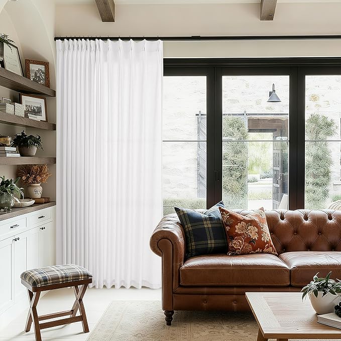 White 100 Inch Wide Curtains 90 Inches Long Large Window Semi Sheer | Light Filtering, Modern Farmhouse, Pleated Curtain, Hooks Rings, for Patio Sliding Door Living Dining Room Divider, 1 Panel