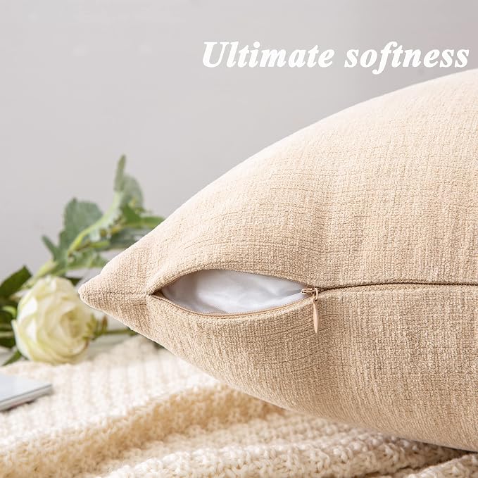 GAWAMAY Decorative Square Throw Pillow Covers 18"x18" Inch Set of 4, Super Soft Chenille Pillows Farmhouse Fall Pillowcase for Living Room Bedroom Sofa Couch Cushion Cover Beige 45x45cm (No Insert)