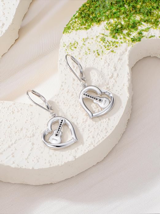 Midari Heart Dangle Earrings 925 Sterling Silver Leverback Drop Earrings Teacher Music Art Jewelry Gifts for Women Students Apple/Guitar/Palette/Note Design