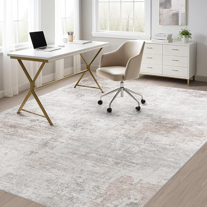 Abstract 5x7 Area Rug: Machine Washable Non Slip Ultra Thin Low-Pile Carpet, Soft Stain Resistant for Living Room Bedroom Nursery, Kid Pet Friendly, Robot Vacuum Compatible - Brown Grey