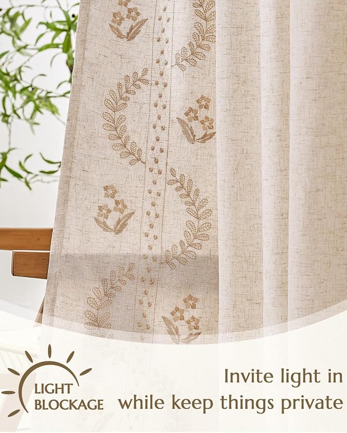 jinchan Floral Lined Linen Curtains 96 Inch Rod Pocket 2 Panels Beige | Embroidered curtains,privacy lining,boho curtains,light filtering,living room,bedroom,flower patterned,window treatment