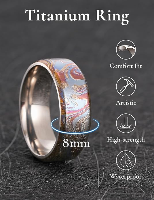 King Will Titanium Wedding Ring for Men Women, 8mm Width Gold/Silver Wedding Band with Unique Random Laser Textured and Multi-Color Laser Engraved Titanium Ring Comfort Fit and Durable Size 8-12