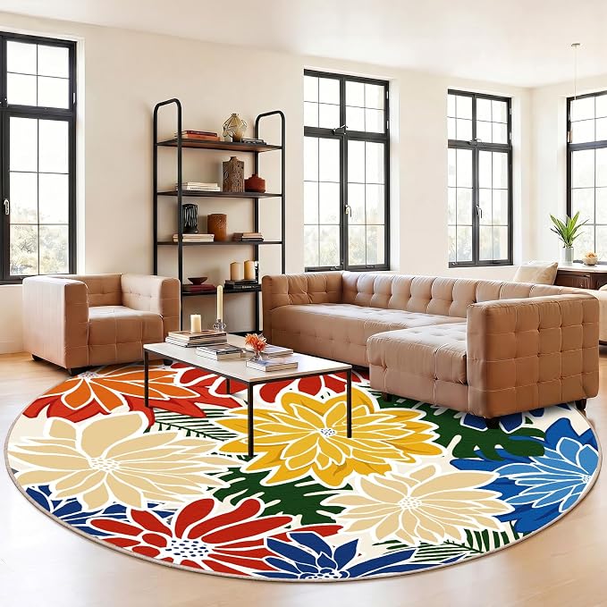 ZonLi Colorful Outdoor Rug 6x6Ft Waterproof Multicolored Indoor Area Rug Washable Outdoor Patio Rugs Tropical Floral Non Slip Outdoor Carpet for Living Room, Pool,Backyard,Deck,Camping