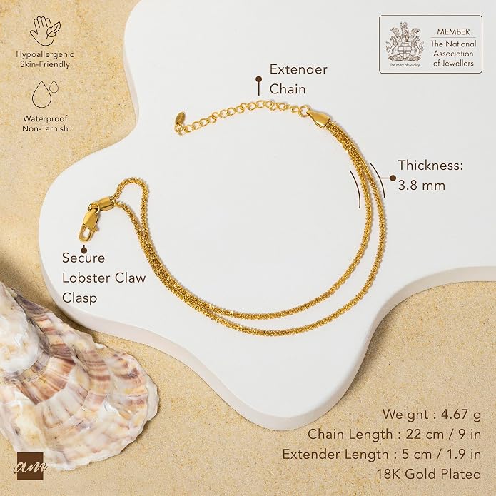 Amberta Silver Gold Waterproof Ankle Bracelets for Women | Boho Layered Anklets for Women | Summer Jewelry, Adjustable Ankle Chain Beaded Rope Heart
