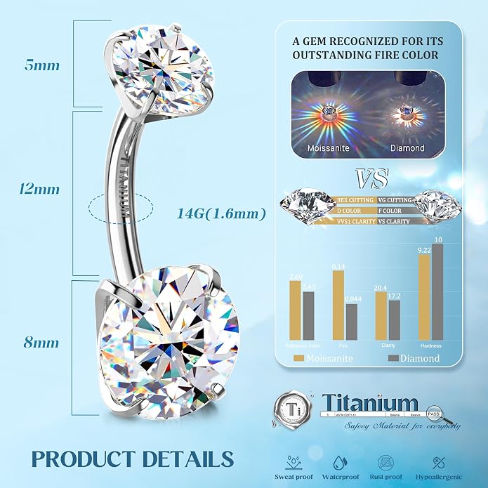 GEMQUEEN Moissanite ＆ G23 TItanium Belly Button Ring 18K Gold Plated Hypoallergenic Internally Threaded Belly Rings 14G Navel Piercing Jewelry For Women Men D Color VVS1 Clarity Brilliant Cut