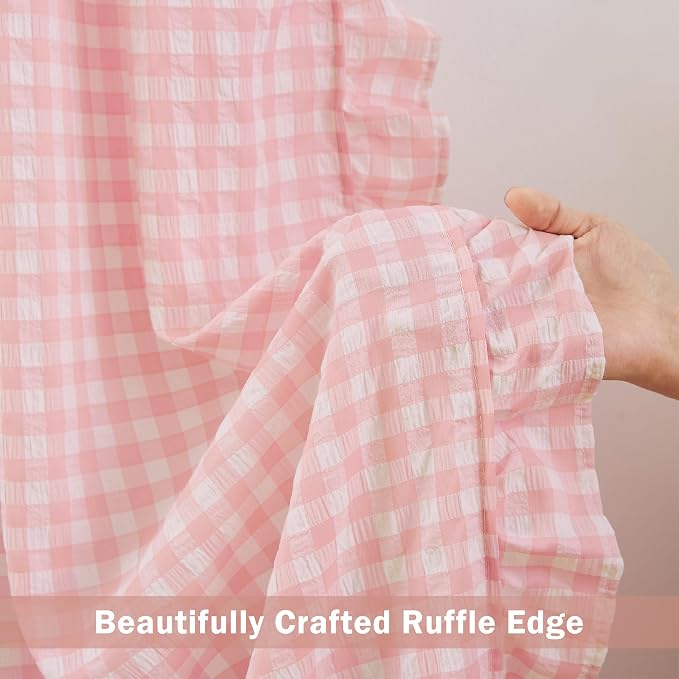 ZJDECOR Short Blush Pink Buffalo Plaid Curtains 63 Inch for Girls Room | Crinkle Not-See-Through Sheer Drapes for Kids Room,Farmhouse Bedroom Living Room Window Treatment,Rod Pocket,40"Wx63"Lx2