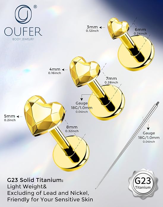 OUFER 18G 6/7/8MM Flat Back Cartilage EarRings-3PCS Gold Titanium Extended Internally Threaded Lip Piercing 2/3/4MM Round Clear CZ Helix Piercing Jewelry