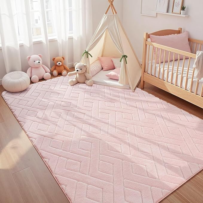 Macgace Ultra Soft Pink Area Rug for Living Room, 5x7 Modern Geometric Shag Rugs with Nonslip Backing for Bedroom, Washable Fuzzy Carpet for Cozy Kids Girls Room