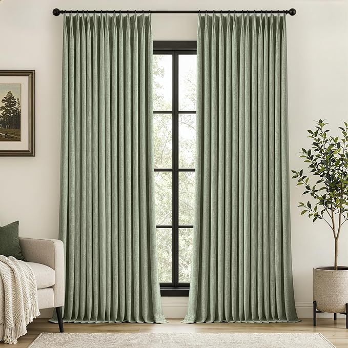 MIULEE Sage Green Pinch Pleated 100% Blackout Linen Curtains 90 Inch Length 2 Panels Set, Black Out Memory Trained Pleat Curtains Light Blocking Room Darkening Drapes for Bedroom Living Room Window