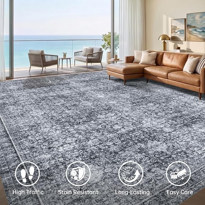 Sasttie 8x10 Area Rugs, Ultra-Soft Washable Rug, Low Pile Foldable Thin Carpets with Non-Slip Backing, Skin-Friendly Stain Resistant Carpet for Living Room, Bedroom, Kitchen, Dorm, 8x10, Black Grey