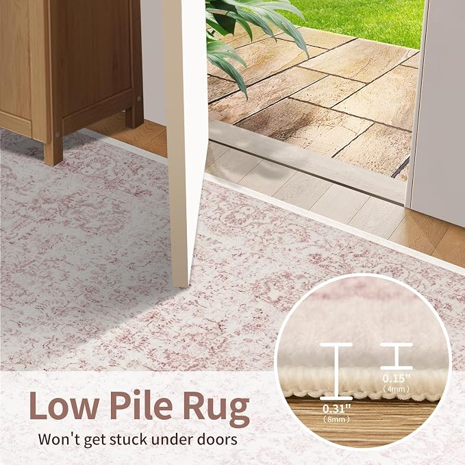 Rugxara 2x10 Washable Runner Rug, Non Slip Boho Runner Rugs for Hallway, Kitchen, Entrance, Bathroom, Laundry Room, Soft Ultra-Thin Entryway Carpet, Throw Low Pile Retro Imitation Carpet, Pink