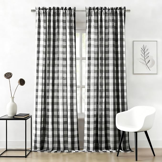 Black White Buffalo Plaid Semi Sheer Curtains 95 Inches Long | Buffalo Check Geo Pattern Drapes,Rustic Bedroom Living Room Window Treatment Home Decor,Rod Pocket,52" Wx95 L(Pack of 2)