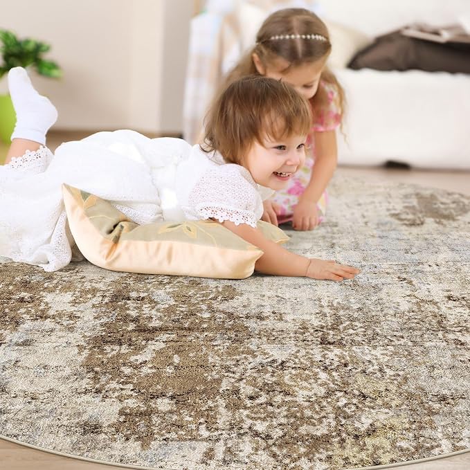 8ft Round Area Rug Living Room Rugs - 8x8 Washable Large Soft Indoor Neutral Modern Abstract Low Pile Rug Carpet for Bedroom Dining Room Farmhouse Home Office - Light Brown
