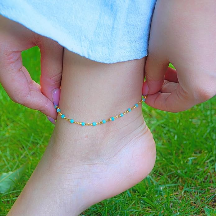 Dainty Gemstone Anklet for Women – 10 Inch Adjustable Anklet with 1 Inch Extender, Gold or Silver Plated Foot Jewelry, Minimalist Boho Style Gift
