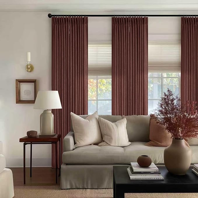 Chestnut Brown Thick Linen Pinch Pleated Curtains 120 Inches Long 2 Panels | Extra Long Drapes for Living Room Dining Bedroom, Pinch Pleat Drapes Back Tab, Dark Terracotta Rust Farmhouse Country 40x120