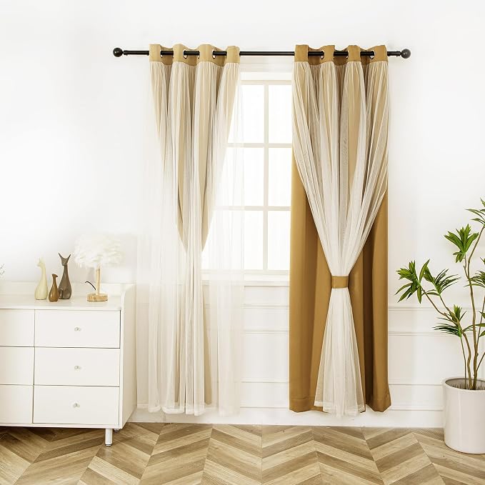 INLINAS Gold Blackout Curtains with Sheer Overlay - Grommet Top Thermal and Noise Reduction Panels for Bedroom and Living Room Light Blocking and Energy Saving, 52 x 108 Inches, Set of 2