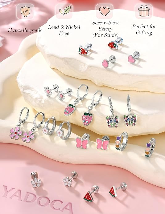 YADOCA 11 Pairs Hypoallergenic Earrings for Girls Women Surgical Steel Flat Back Stud Earrings Dangle Huggie Hoop Cute Heart Butterfly Flower Strawberry Screwback Earring Set Toddler Jewelry Gift