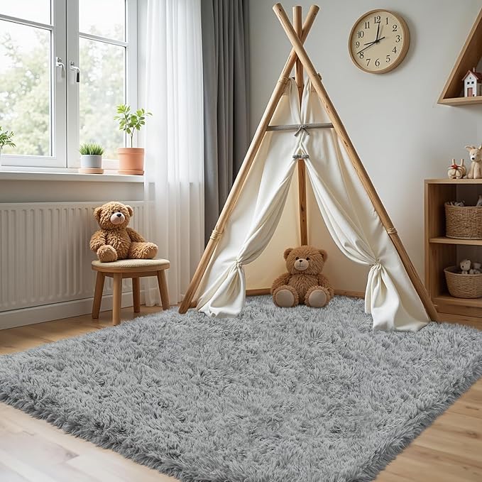 4x6 Area Rug for Living Room, Ultra Soft Fluffy Shag Rugs for Bedroom, Non-Slip Large Fuzzy Plush Rug Indoor Floor Carpet for Nursery Kids Office Dorm Modern Decor, Light Gray
