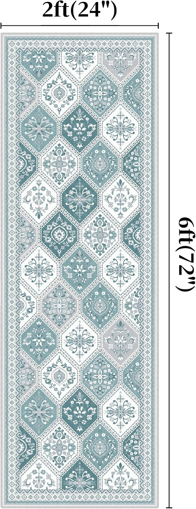 2x6 Teal Rugs, Soft Non-Slip Boho Moroccan Rug Runner, Low-Pile Printed Indoor Runners for Entryway, Hallways, Kitchen, Laundry Room, Bedside- Teal