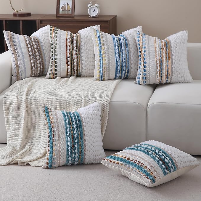 Boho Throw pillow covers 18x18 set of 2 farmhouse decorative Couch pillow covers neutral Accent throw pillows covers striped outdoor cushion covers square textured chenille pillow cases for sofa bed