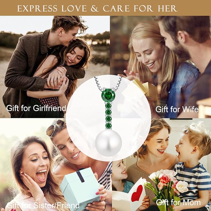 Pearl Necklace for Women, 925 Sterling Silver Dainty Round Freshwater Pearl with 5A Zircon Pendant Ideal Birthstone Jewelry Gifts for Her