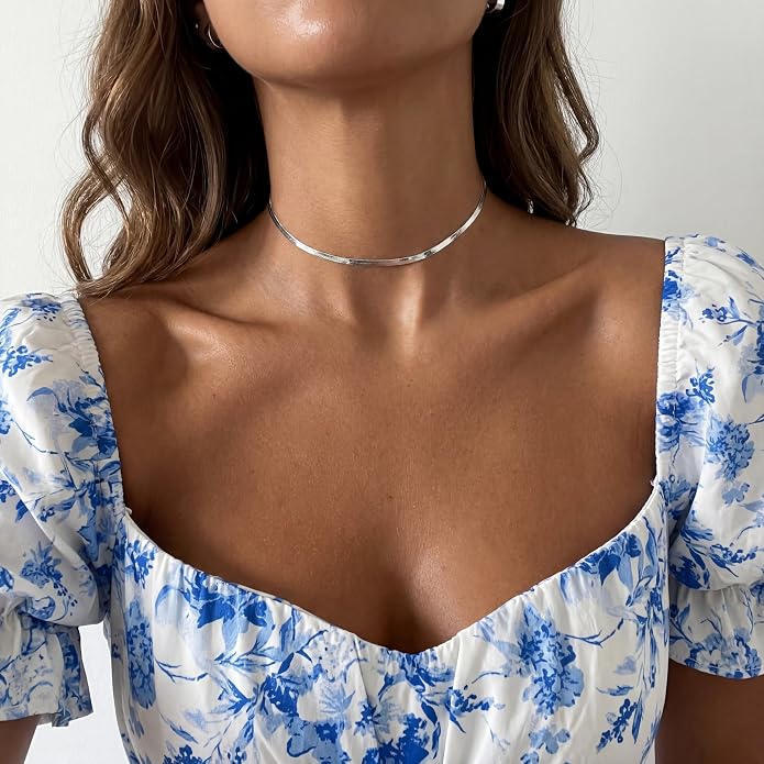 WomenGifts 14K Gold Silver Plated Herringbone Necklace for Women, Dainty Snake Chain Choker, Trendy Simple Long Layered Jewelry Non Tarnish, 3/4/5/8mm,14,16,18,20,22,24,26 Inch Thin & Chunky Options